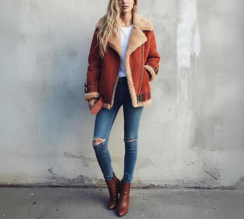 Women’s Aviator Jacket with Faux Shearling | Winter Warm Biker Coat