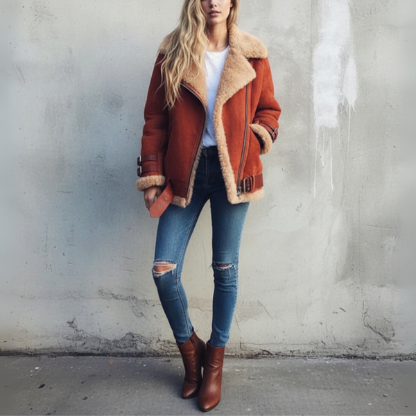 Women’s Aviator Jacket with Faux Shearling | Winter Warm Biker Coat