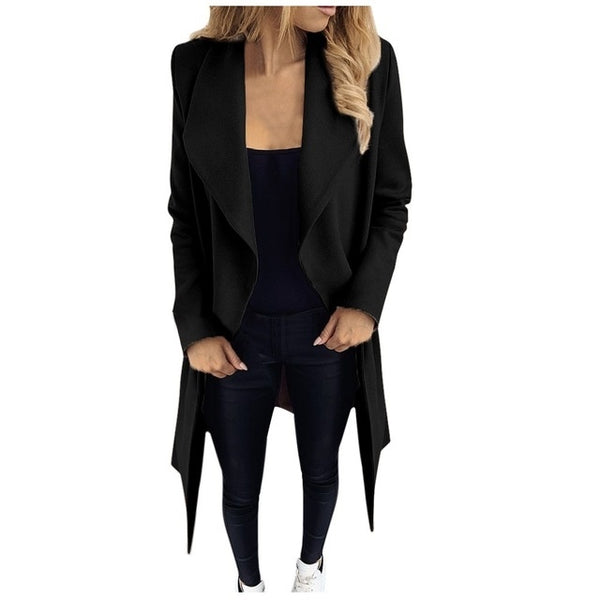 Women’s Long Belted Coat | Open Front Trench Style Jacket