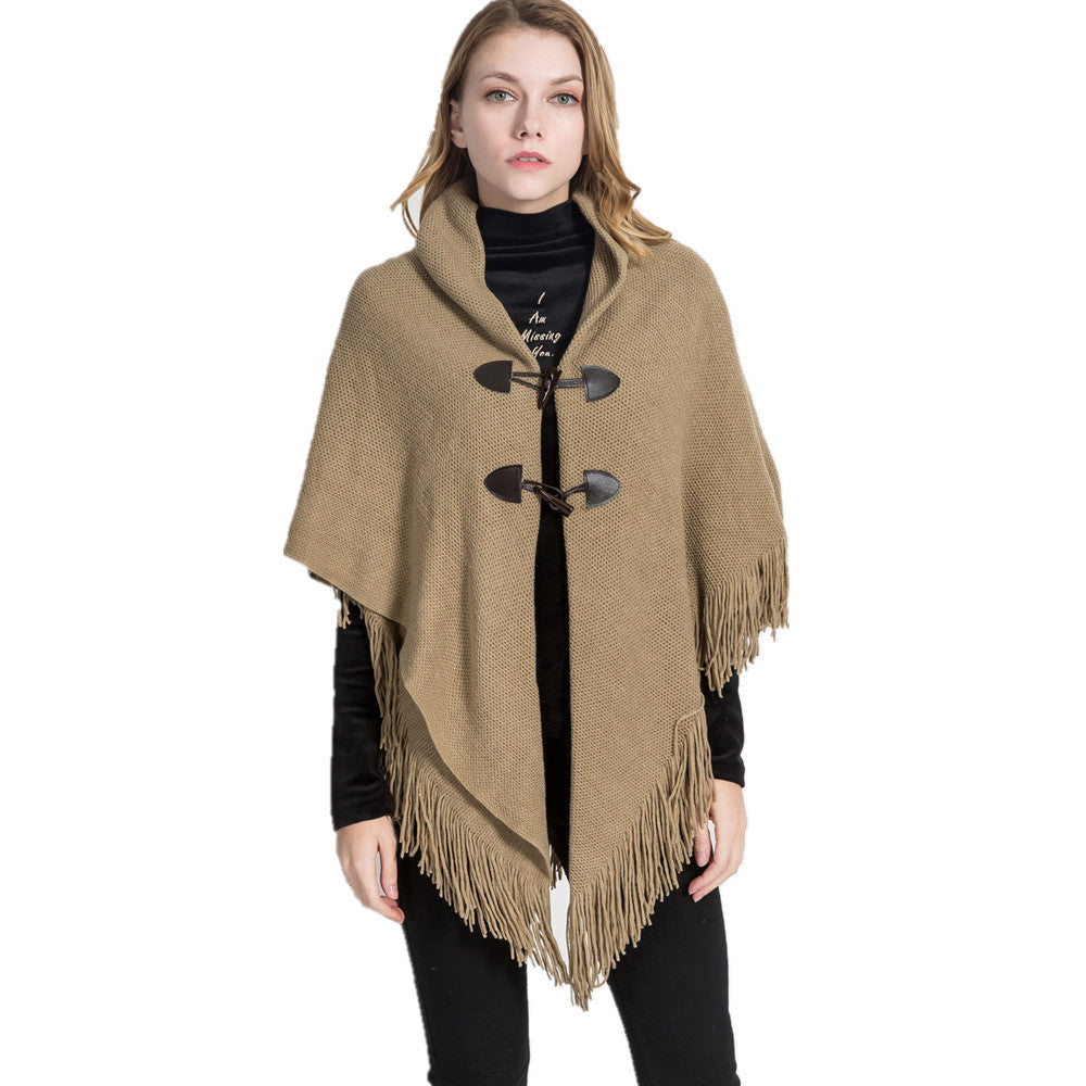 Women’s Toggle Front Poncho Cape – Fringe Hem Shawl Wrap