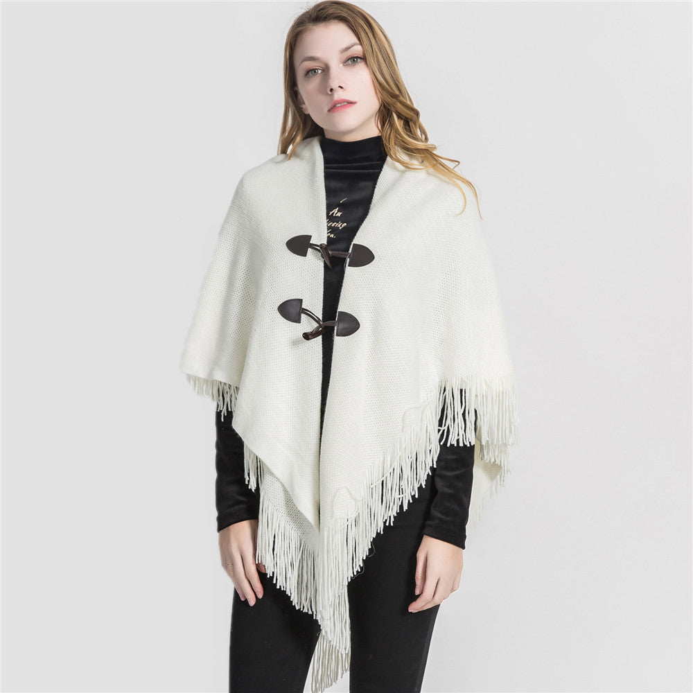 Women’s Toggle Front Poncho Cape – Fringe Hem Shawl Wrap