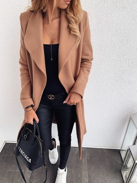 Women’s Long Belted Coat | Open Front Trench Style Jacket