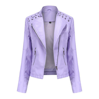 Women’s Studded Biker Jacket – Slim Fit Zip Moto Coat