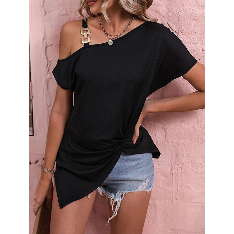 Women’s Asymmetrical Chain Strap Top – One Shoulder Casual Blouse
