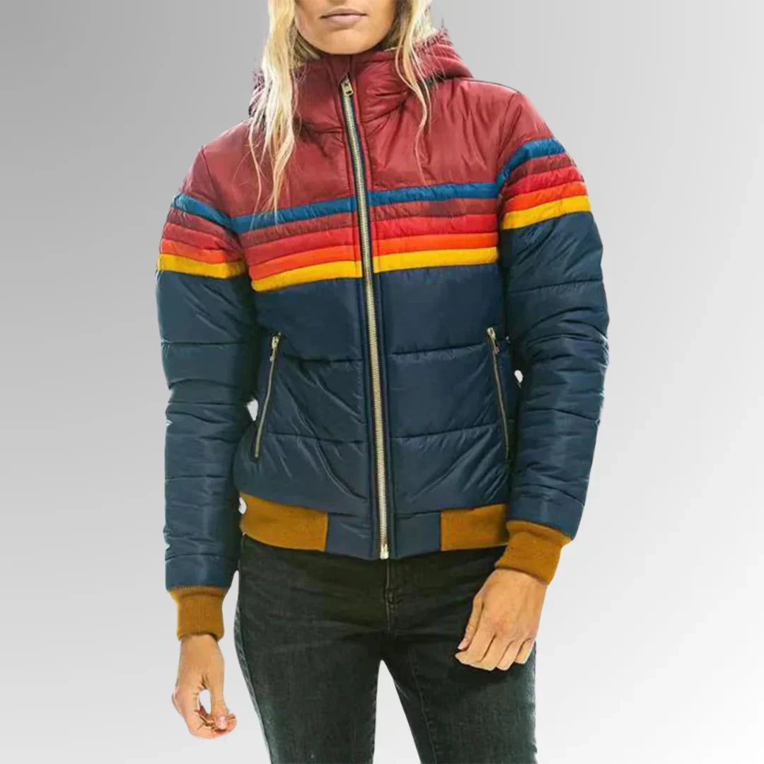 Women’s Retro Puffer Jacket – Colour Block Zip Up Winter Coat