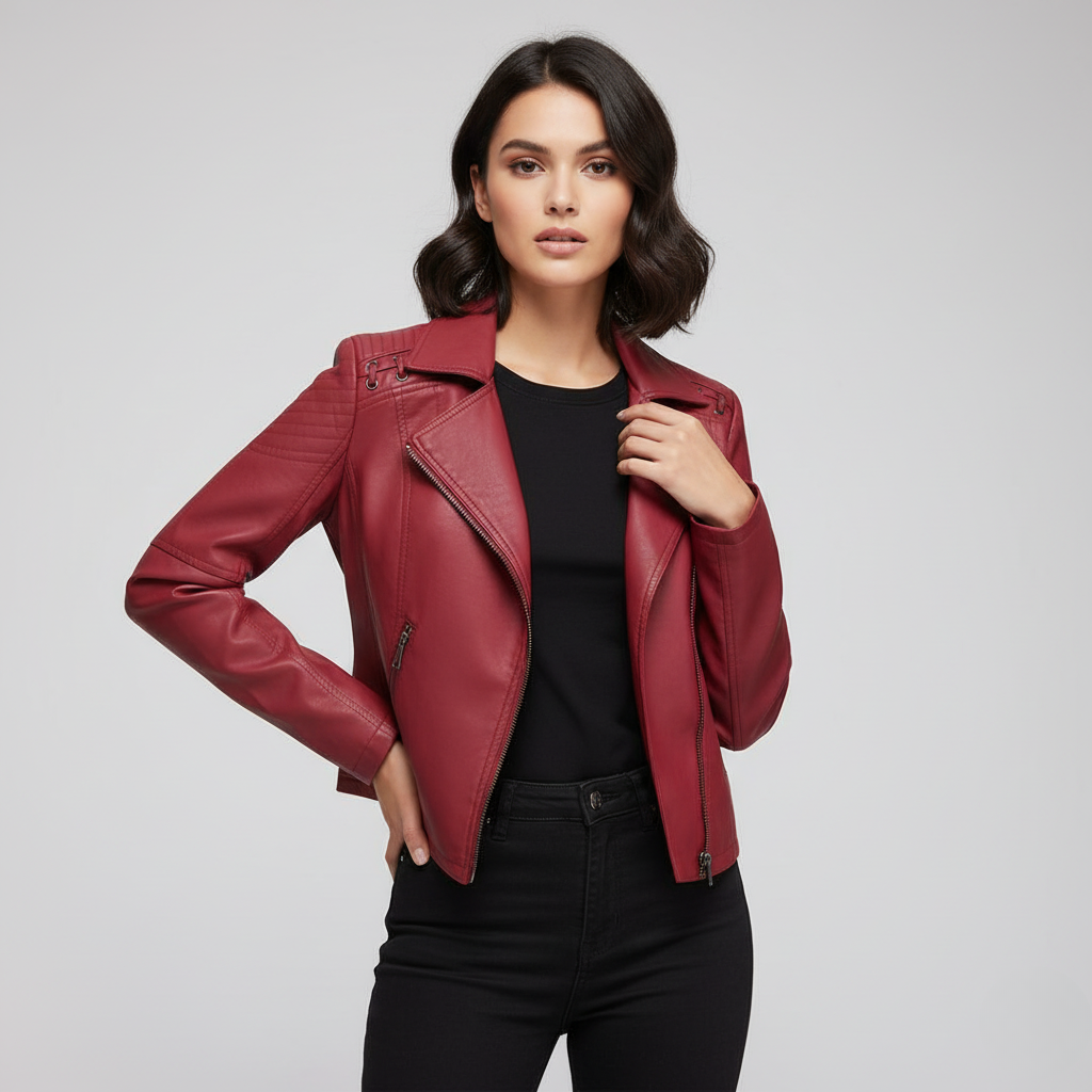 Women’s Studded Biker Jacket – Slim Fit Zip Moto Coat
