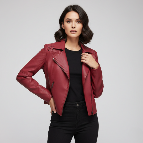 Women’s Studded Biker Jacket – Slim Fit Zip Moto Coat