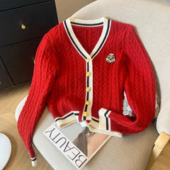 Clara - V-Collar Contrast Color Knitted Cardigan Sweater