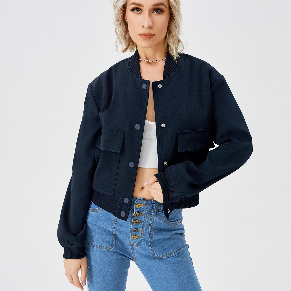 Women’s Cropped Bomber Jacket – Button Front Coat