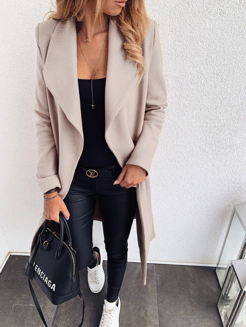 Women’s Long Belted Coat | Open Front Trench Style Jacket