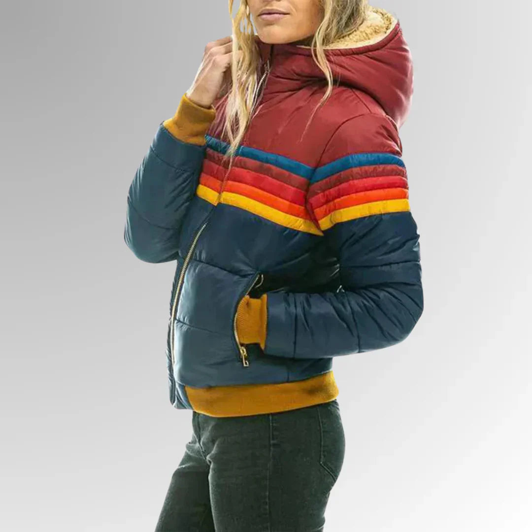 Women’s Retro Puffer Jacket – Colour Block Zip Up Winter Coat