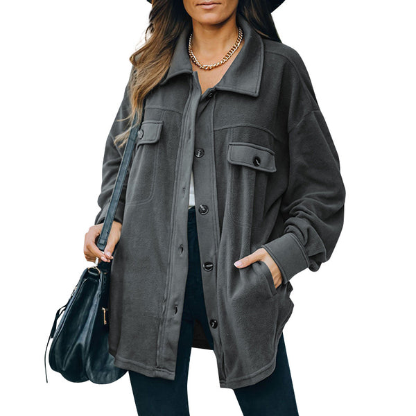 Women’s Oversized Shacket – Button-Up Long Sleeve Casual Jacket with Pockets