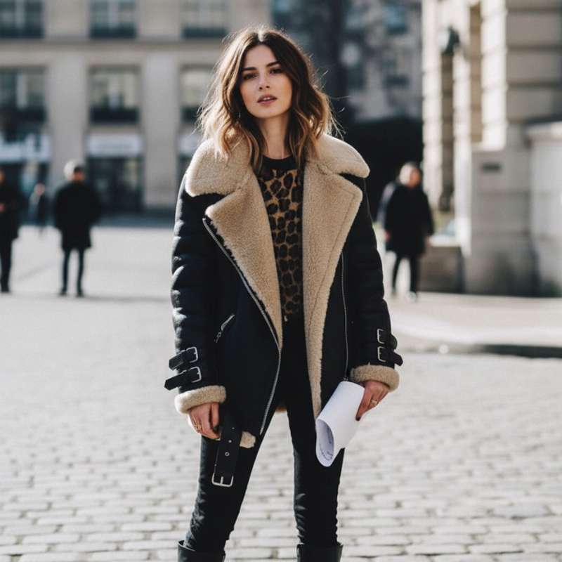 Women’s Aviator Jacket with Faux Shearling | Winter Warm Biker Coat