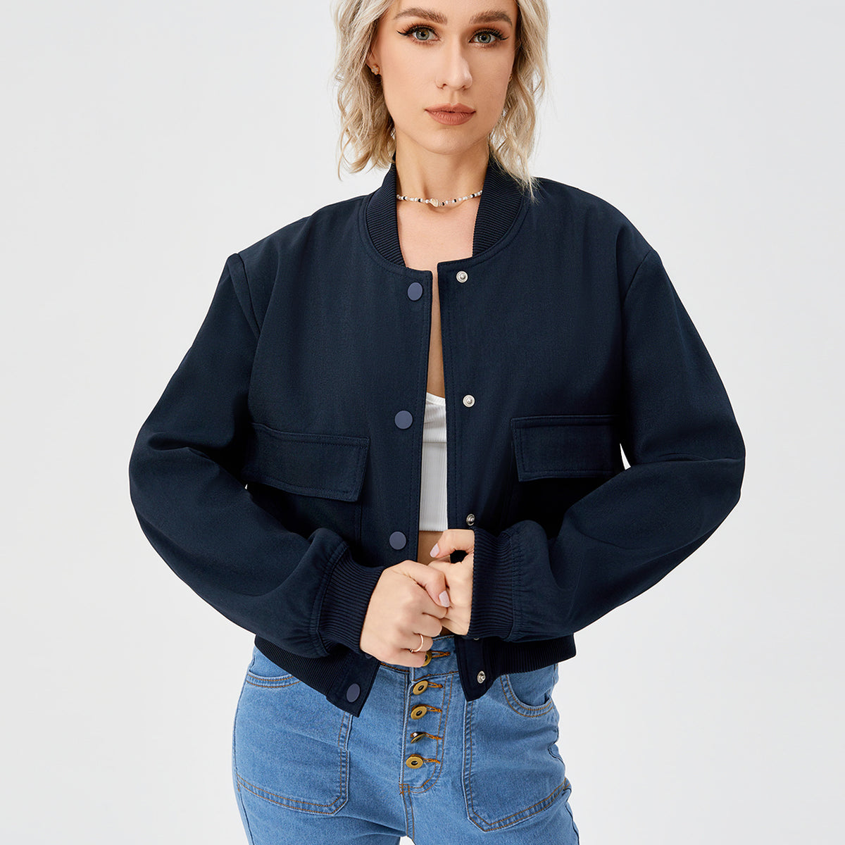 Women’s Cropped Bomber Jacket – Button Front Coat