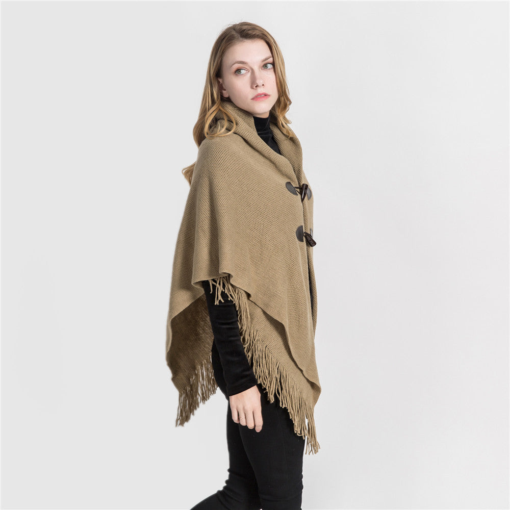 Women’s Toggle Front Poncho Cape – Fringe Hem Shawl Wrap