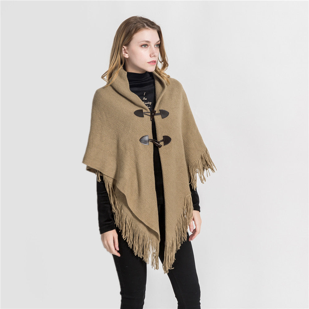 Women’s Toggle Front Poncho Cape – Fringe Hem Shawl Wrap