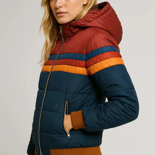 Women’s Retro Puffer Jacket – Colour Block Zip Up Winter Coat