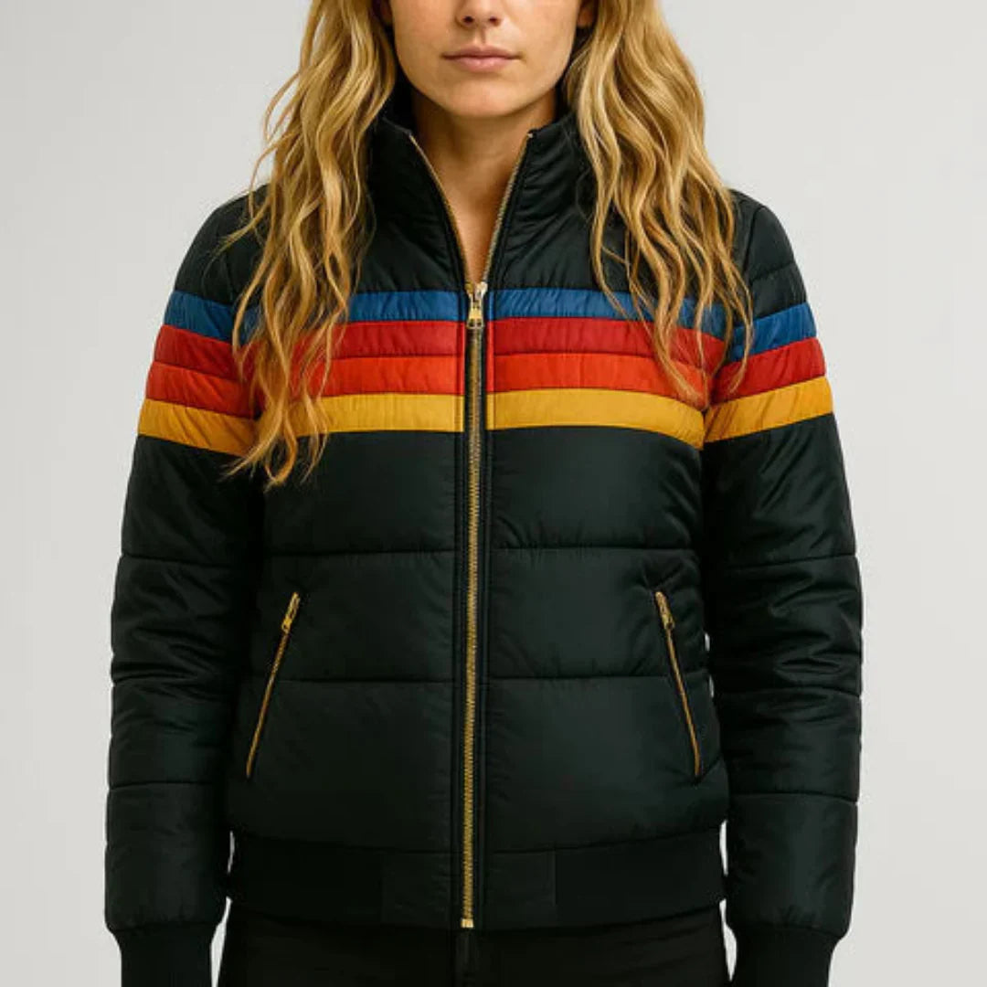 Women’s Retro Puffer Jacket – Colour Block Zip Up Winter Coat