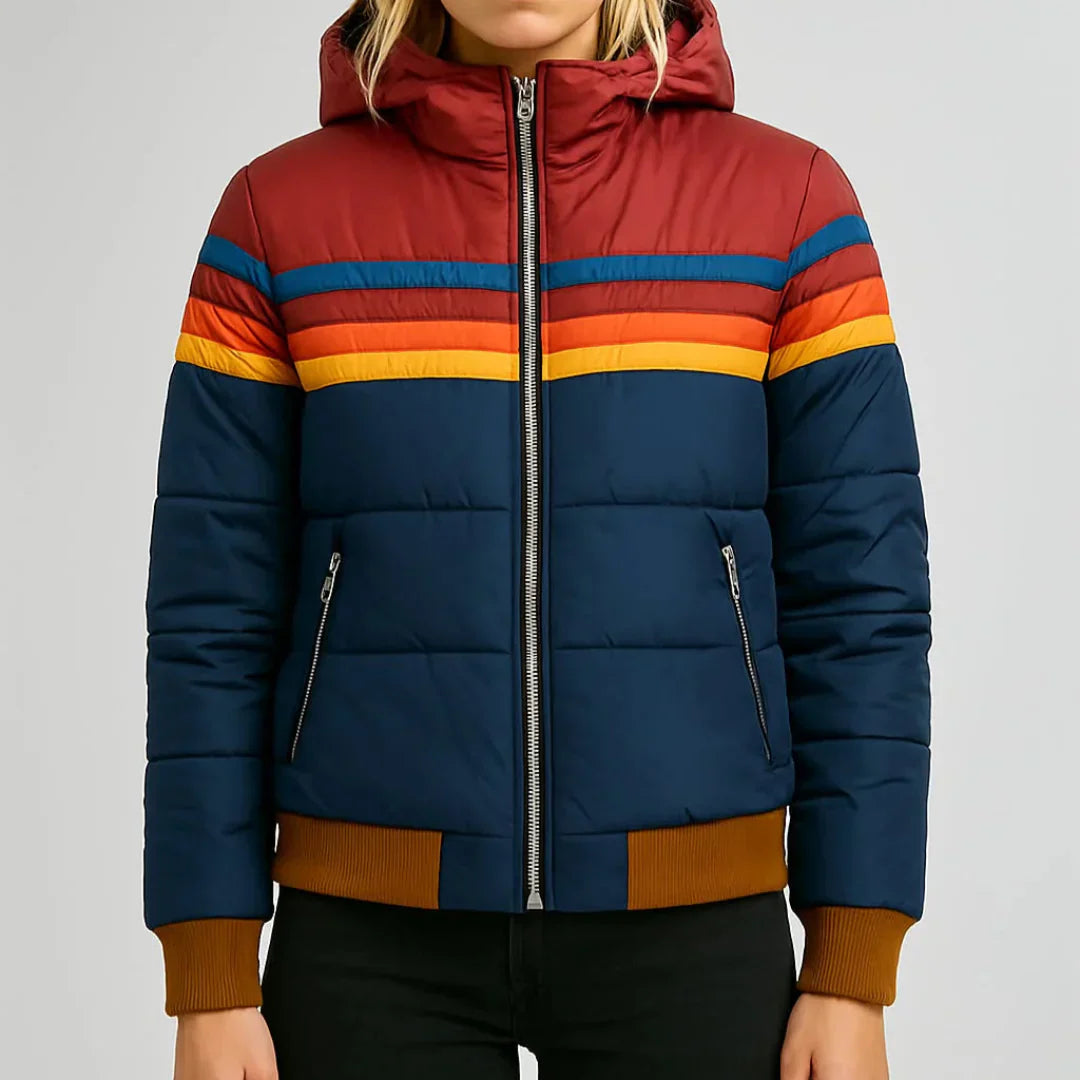 Women’s Retro Puffer Jacket – Colour Block Zip Up Winter Coat
