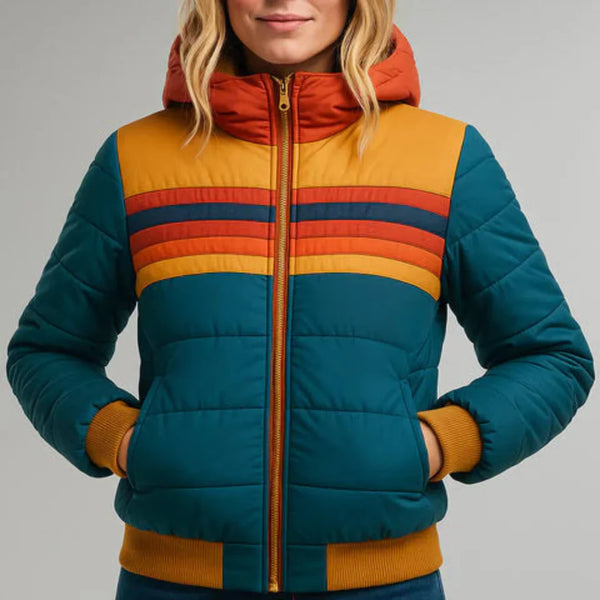 Women’s Retro Puffer Jacket – Colour Block Zip Up Winter Coat