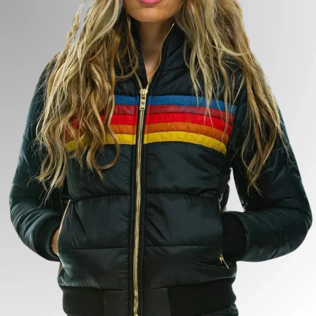 Women’s Retro Puffer Jacket – Colour Block Zip Up Winter Coat