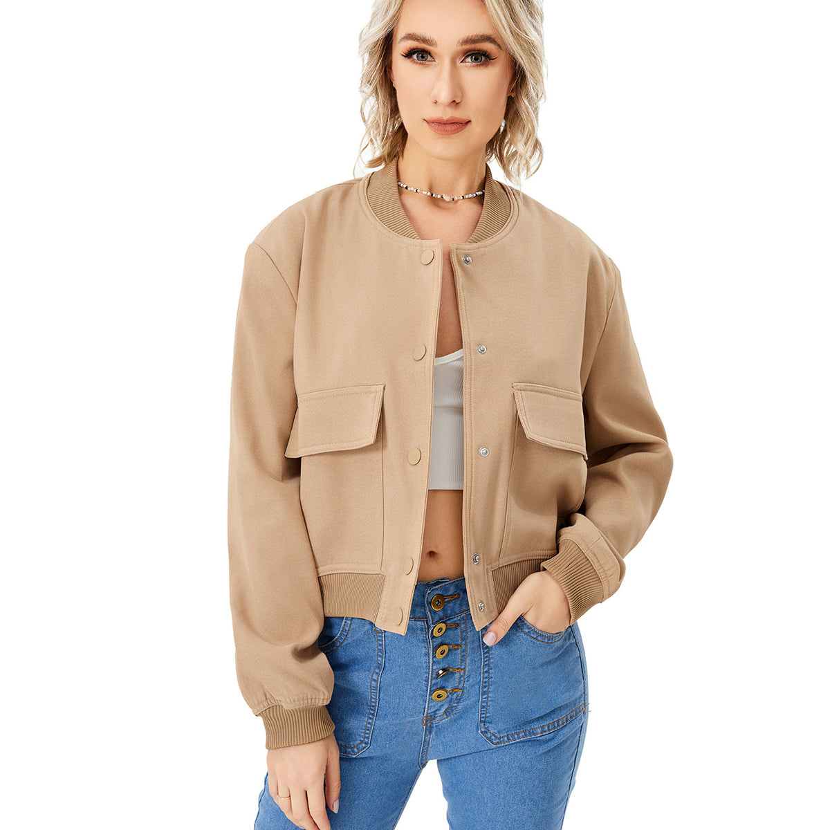 Women’s Cropped Bomber Jacket – Button Front Coat
