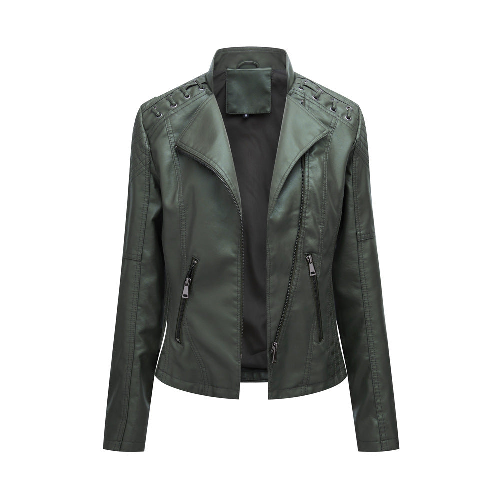 Women’s Studded Biker Jacket – Slim Fit Zip Moto Coat
