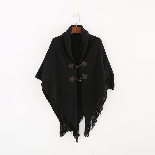 Women’s Toggle Front Poncho Cape – Fringe Hem Shawl Wrap