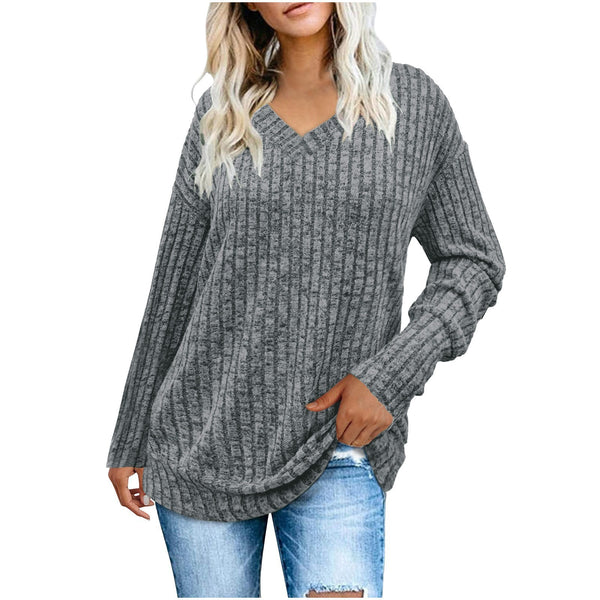 Women’s Ribbed V-Neck Long Sleeve Knit Top