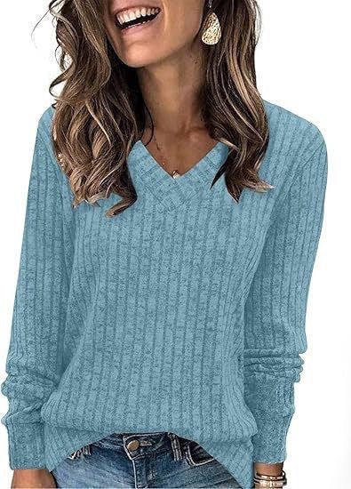 Women’s Ribbed V-Neck Long Sleeve Knit Top