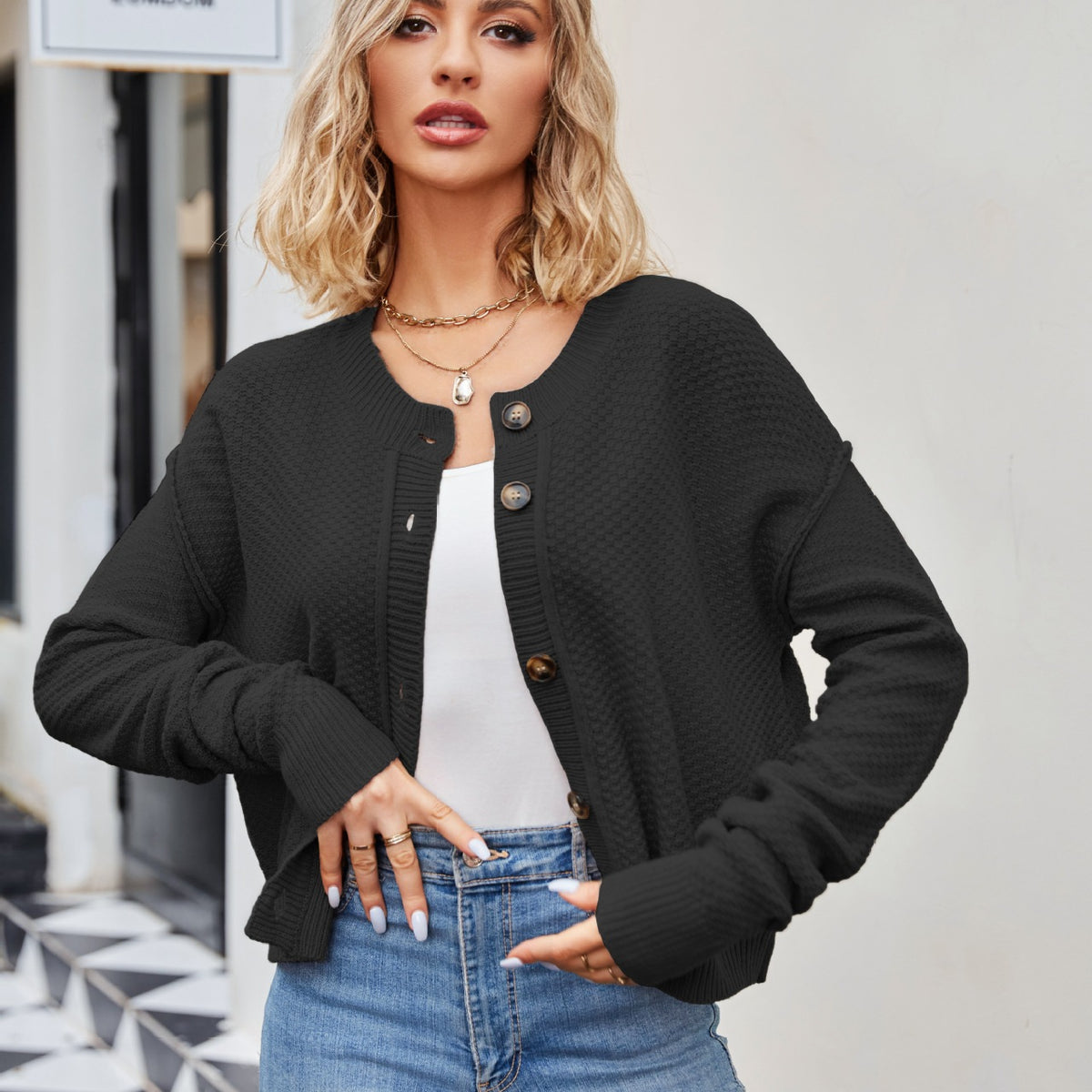 Women’s Cropped Button Cardigan | Long Sleeve Knit Sweater