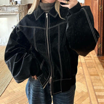 Women’s Oversized Retro Jacket – Casual Streetwear Zip Coat