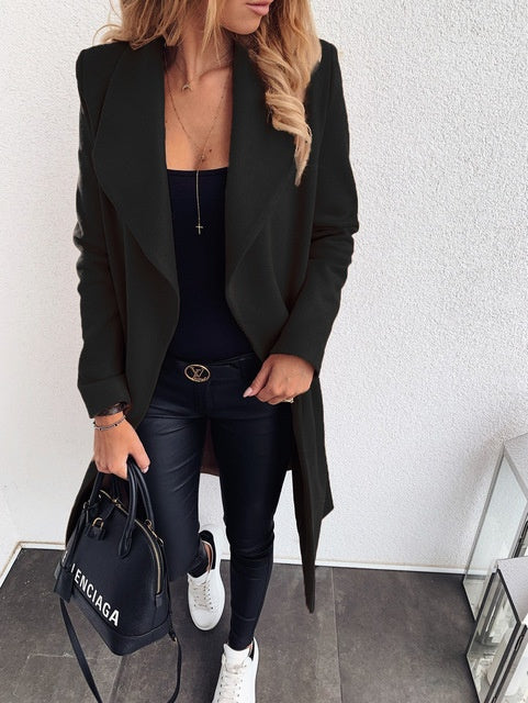 Women’s Long Belted Coat | Open Front Trench Style Jacket
