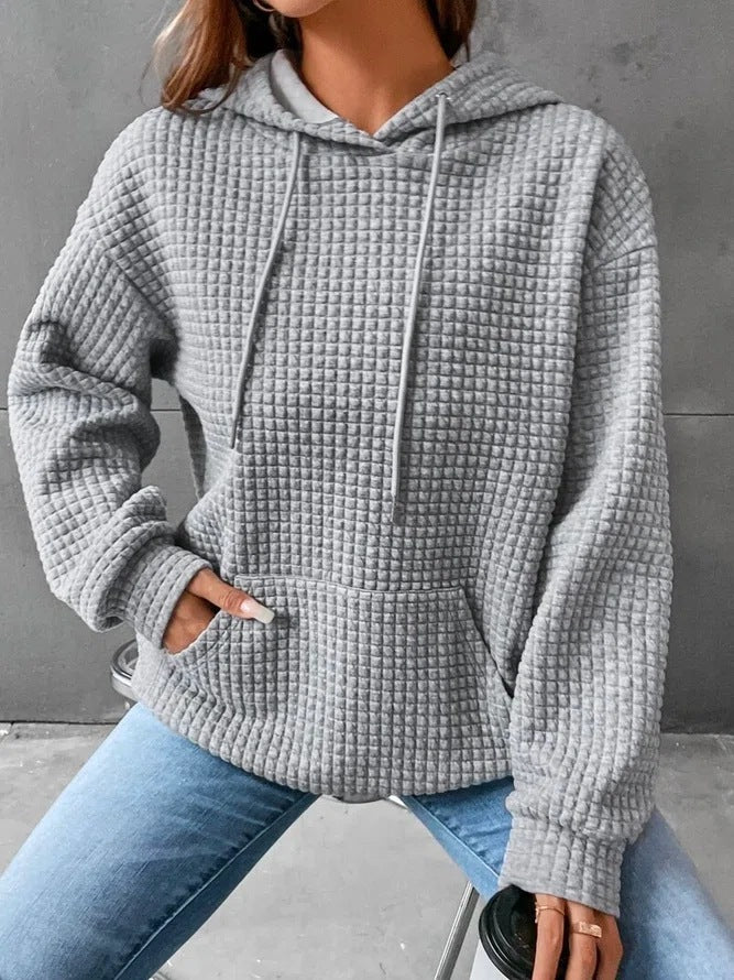 Women’s Waffle Knit Hoodie – Casual Pullover with Pocket & Hood