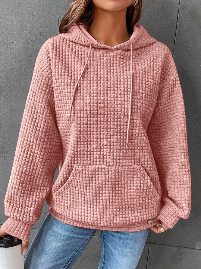 Women’s Waffle Knit Hoodie – Casual Pullover with Pocket & Hood
