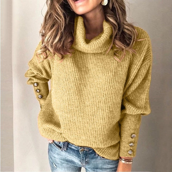 Women’s Cowl Neck Sweater | Long Sleeve Button Detail Knit