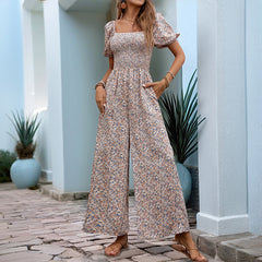 Hazel - Square Collar Puff Sleeve Floral Jumpsuit