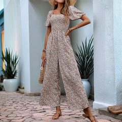 Hazel - Square Collar Puff Sleeve Floral Jumpsuit