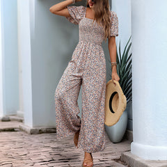 Hazel - Square Collar Puff Sleeve Floral Jumpsuit