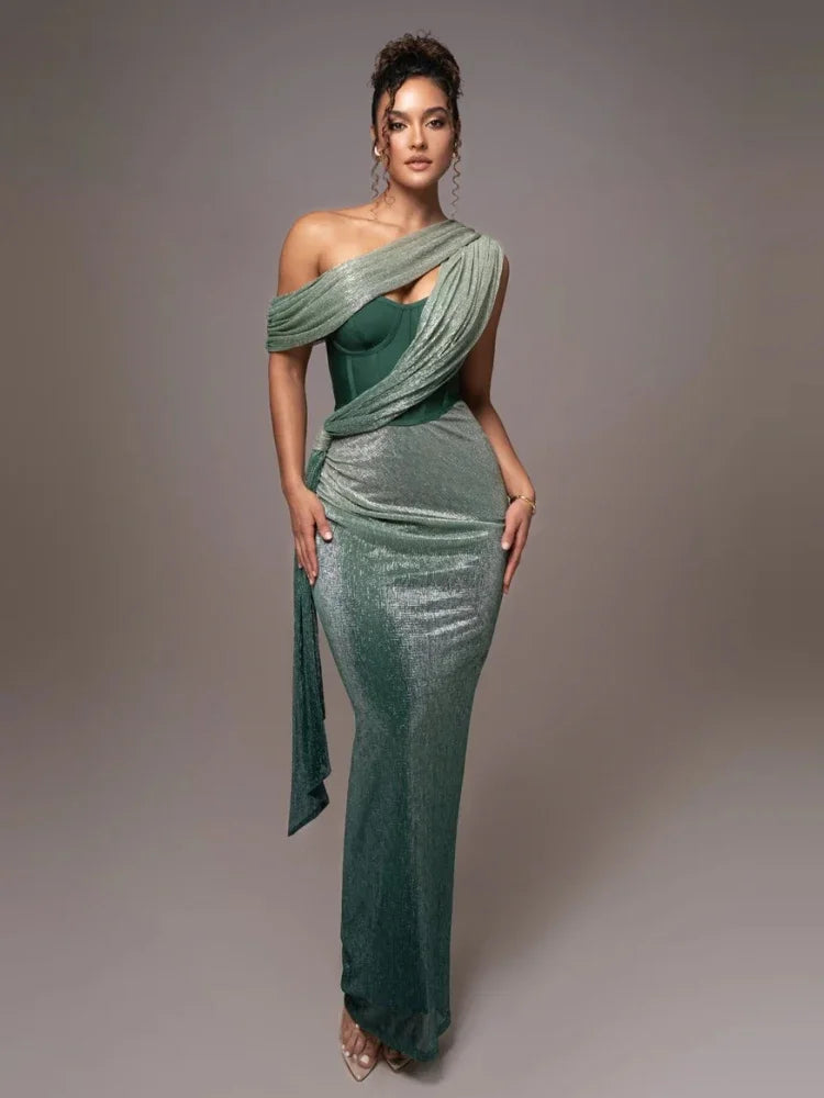 Women’s One-Shoulder Draped Evening Dress | Maxi