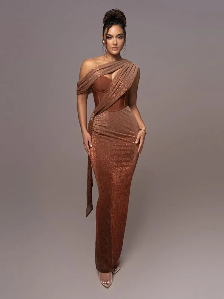 Women’s One-Shoulder Draped Evening Dress | Maxi
