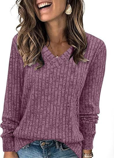 Women’s Ribbed V-Neck Long Sleeve Knit Top