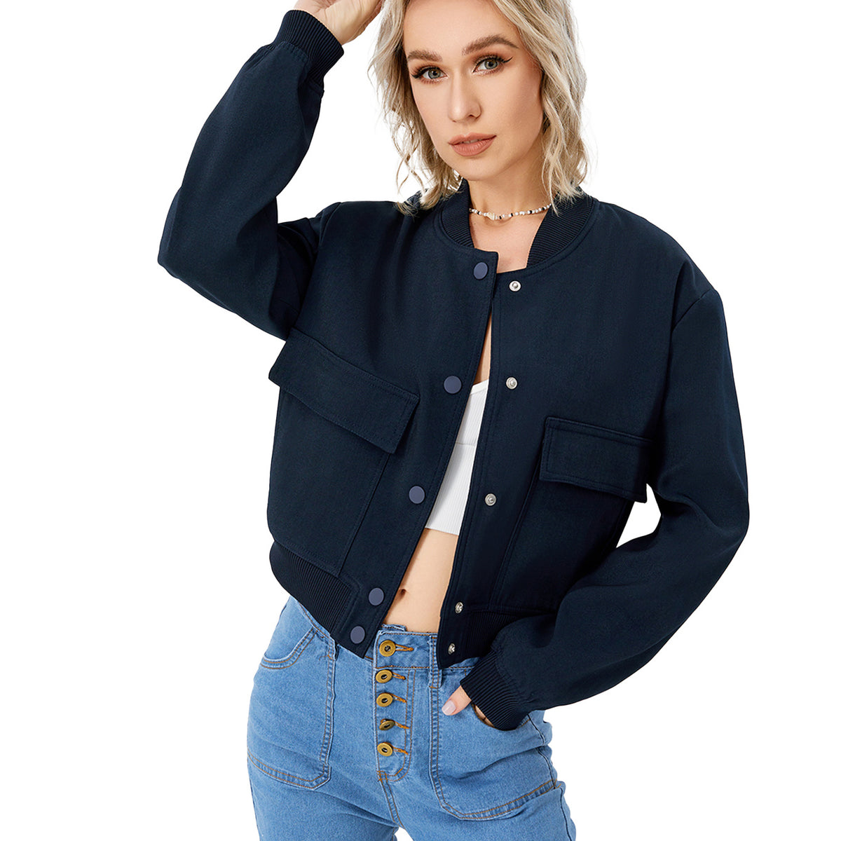 Women’s Cropped Bomber Jacket – Button Front Coat