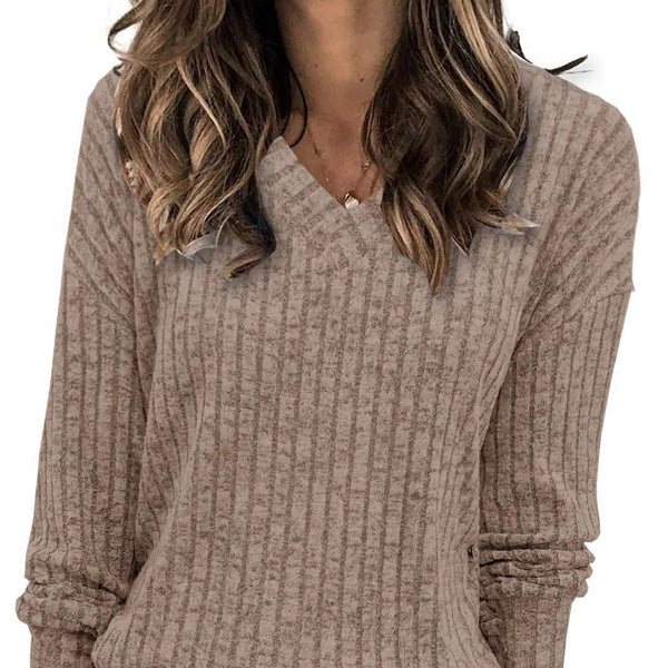 Women’s Ribbed V-Neck Long Sleeve Knit Top