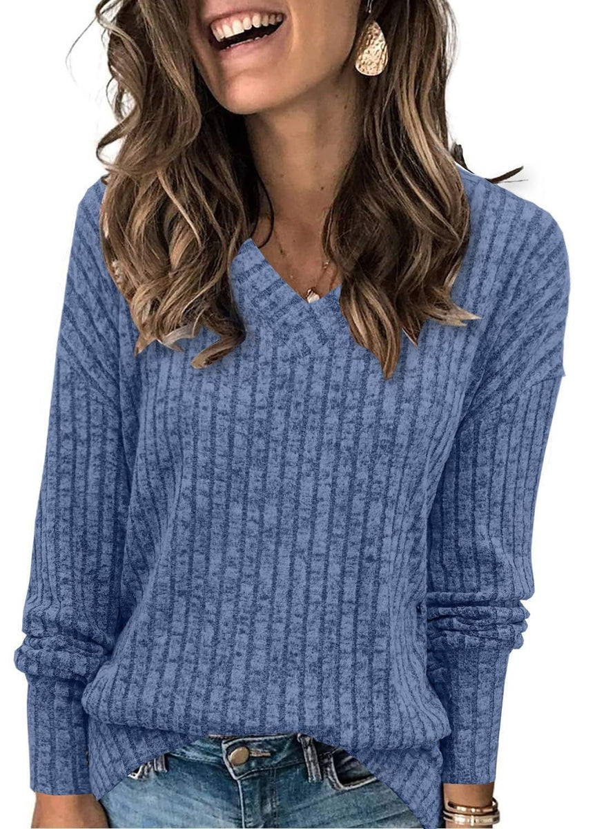 Women’s Ribbed V-Neck Long Sleeve Knit Top