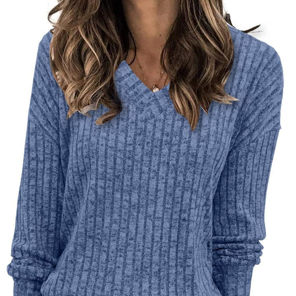 Women’s Ribbed V-Neck Long Sleeve Knit Top