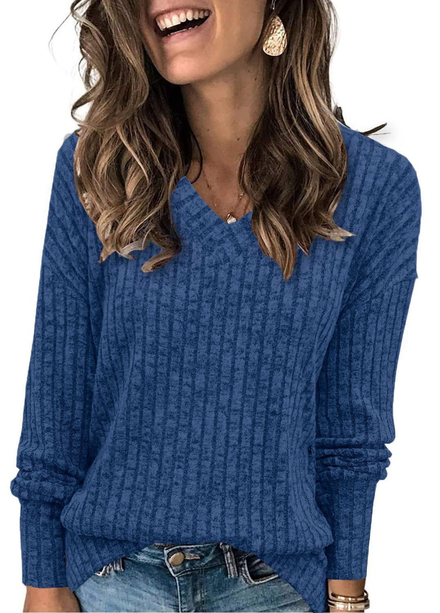 Women’s Ribbed V-Neck Long Sleeve Knit Top