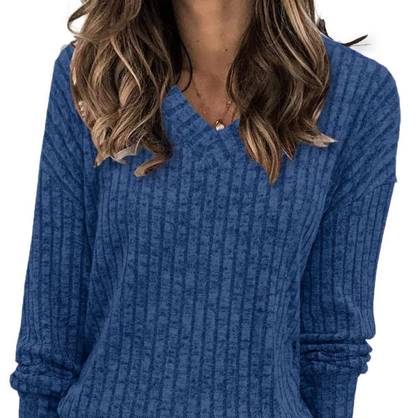 Women’s Ribbed V-Neck Long Sleeve Knit Top