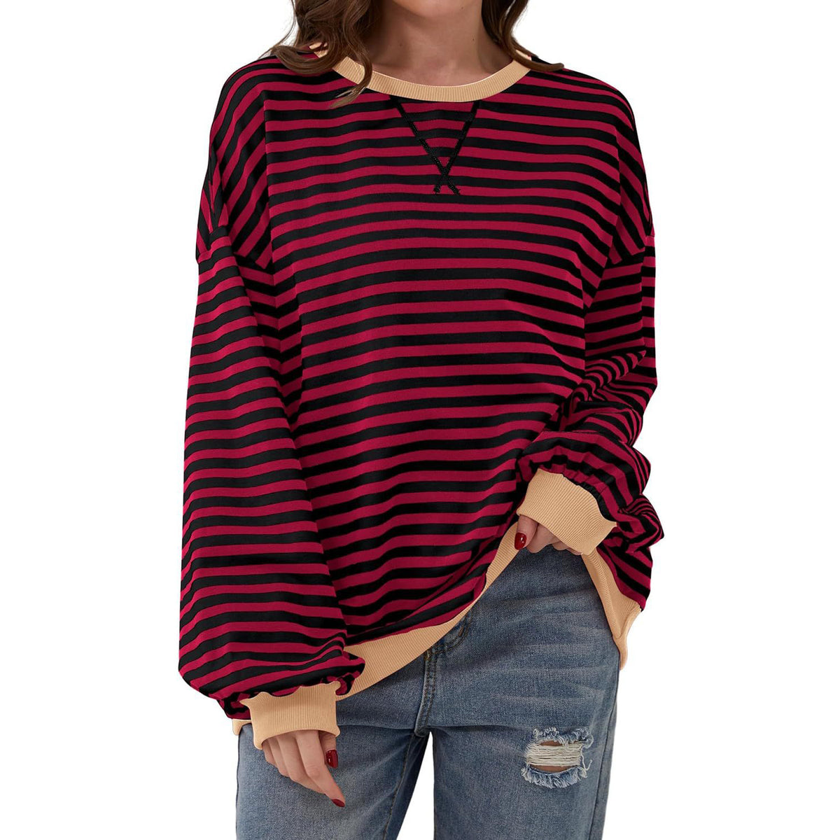 Women’s Striped Long Sleeve Top | Loose Fit Pullover