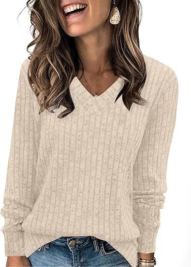 Women’s Ribbed V-Neck Long Sleeve Knit Top